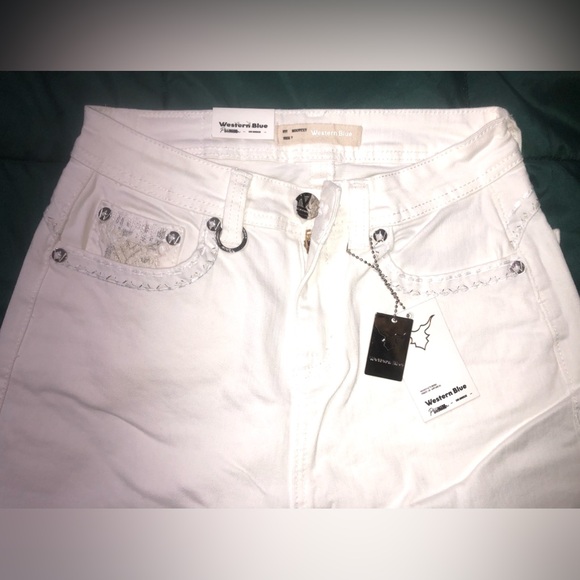 Western Blue Denim White Bootcut Jeans Size 7 33 W/Bull Tag And Horseshoe Charm - Picture 5 of 11